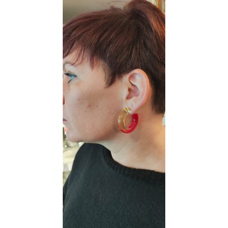 Boucle d'oreille CREOLE jaune et rose  - Francine BRAMLI Paris Bijoux