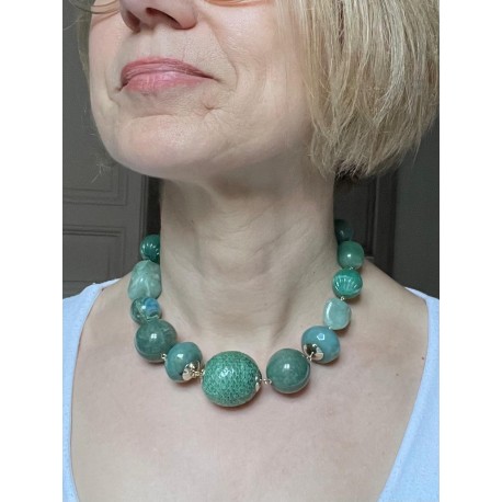 Collier DYLAN Vert perles pierres & Galuchat - FRANCINE BRAMLI Paris