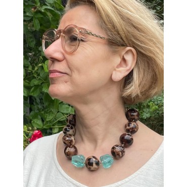 Collier KONAN perles panthères & turquoises - FRANCINE BRAMLI Paris